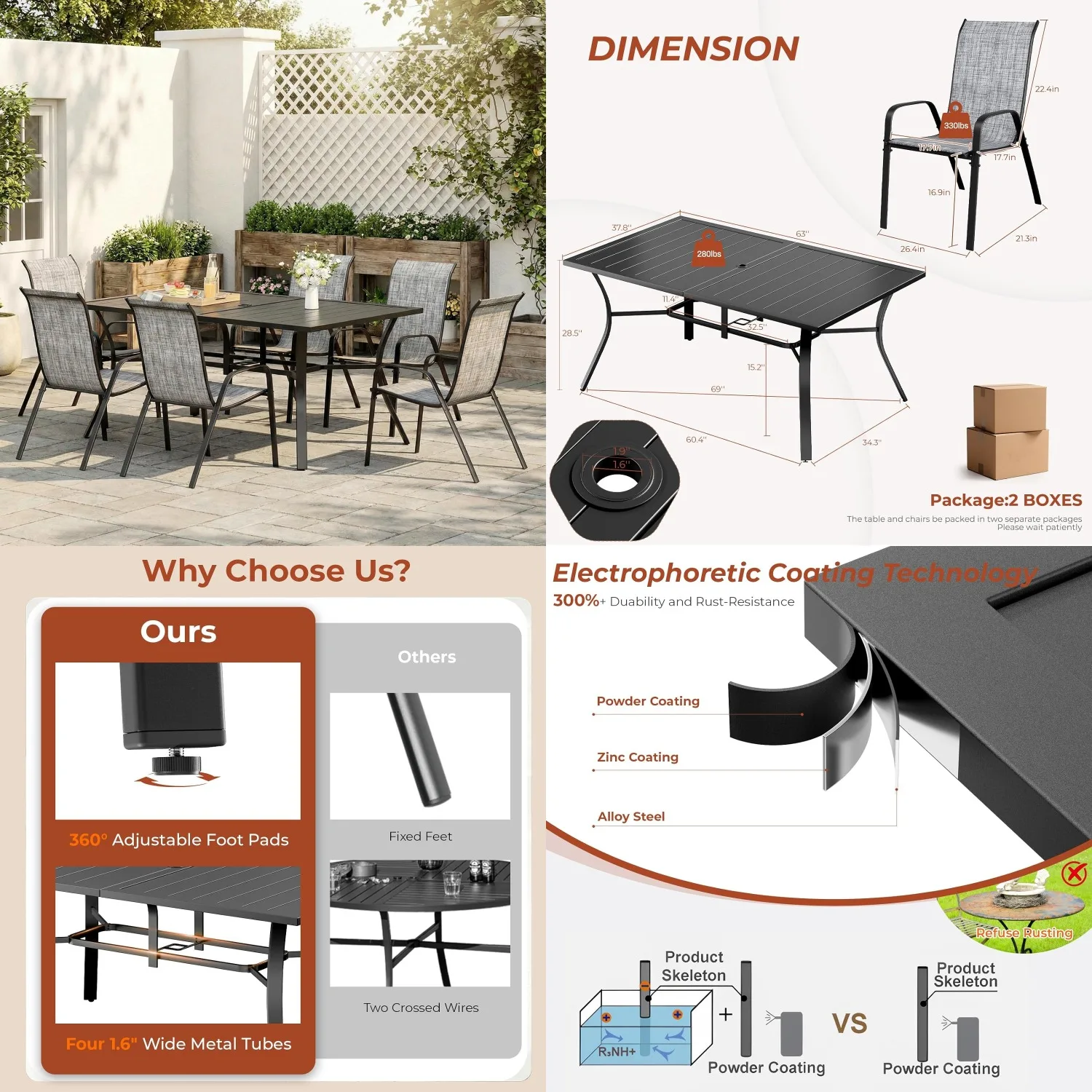 7pc Patio Dining Set 6 Person Outdoor Metal Table 63x38in Adjustable Umbrella Hole Stackable Textilene Chairs Grey Customized
7pc Patio Dining Set 6 Person Outdoor Metal Table 63x38in Adjustable Umbrella Hole Stackable Textilene Chairs Grey Customized