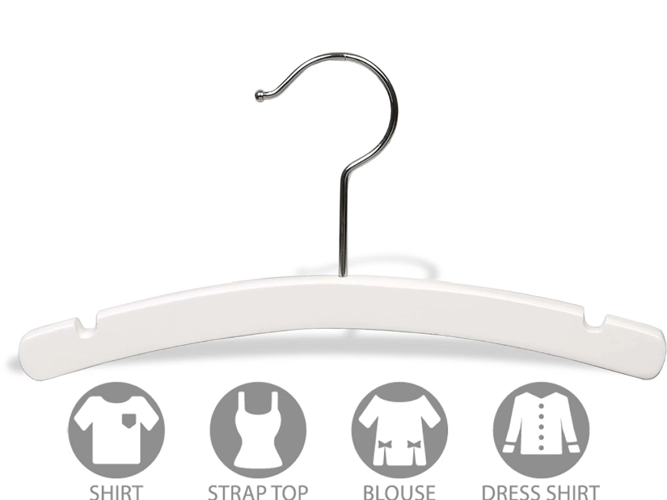 White rounded wooden hangers for children—12-inch top hangers with swivel hook and notched design, pack of 25
White rounded wooden hangers for children—12-inch top hangers with swivel hook and notched design, pack of 25