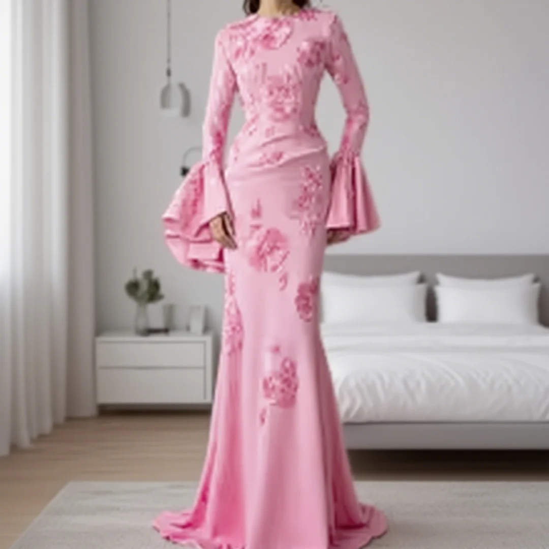 Customized elegant pleated appliqués long-sleeved floor-length mermaid evening dress for ladies, formal evening gown
Customized elegant pleated appliqués long-sleeved floor-length mermaid evening dress for ladies, formal evening gown