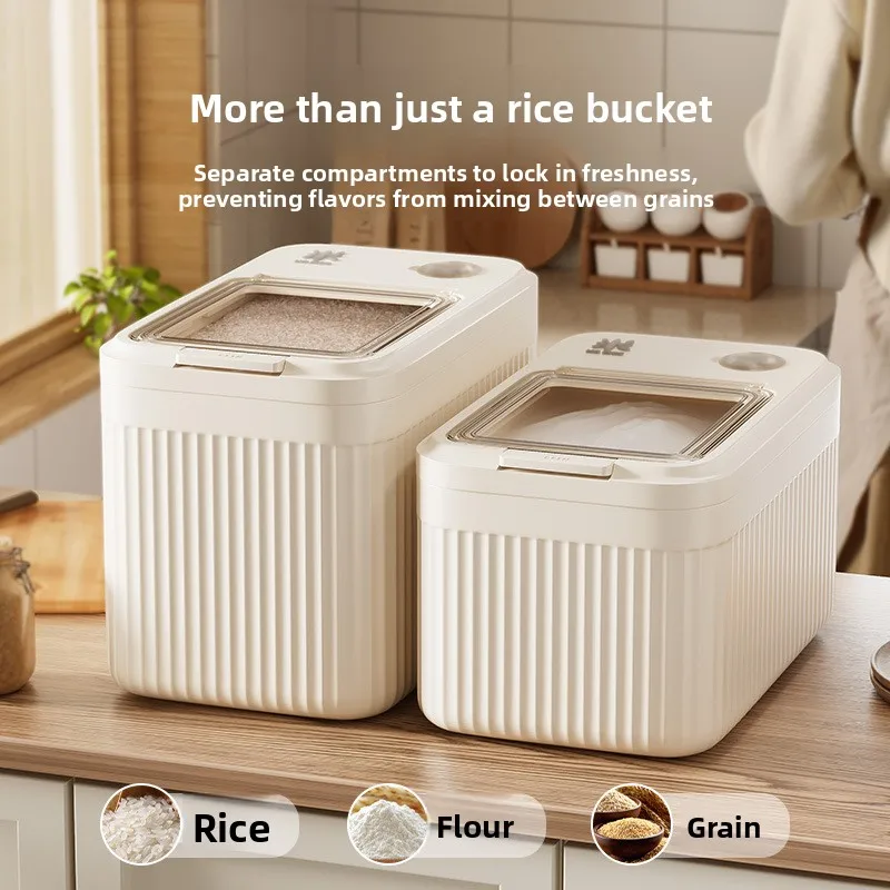 Home-use elastic lid sealed anti-humidity large-capacity rice storage box, flour storage jar, kitchen grain storage container
Home-use elastic lid sealed anti-humidity large-capacity rice storage box, flour storage jar, kitchen grain storage container