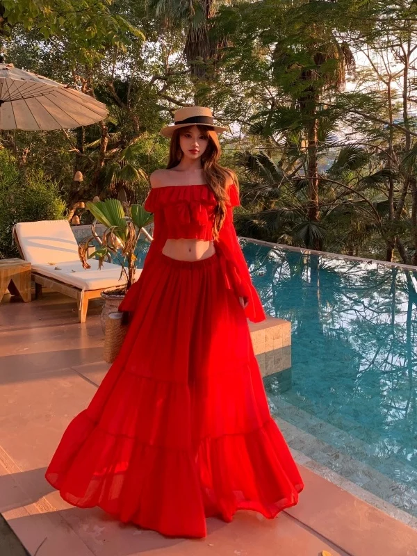 Red Lace Trim Top Skirt Set Vacation Style Chiffon Half Skirt Beach Photo Shoot Outfit Summer Season Women's A-Line Dress
Red Lace Trim Top Skirt Set Vacation Style Chiffon Half Skirt Beach Photo Shoot Outfit Summer Season Women's A-Line Dress