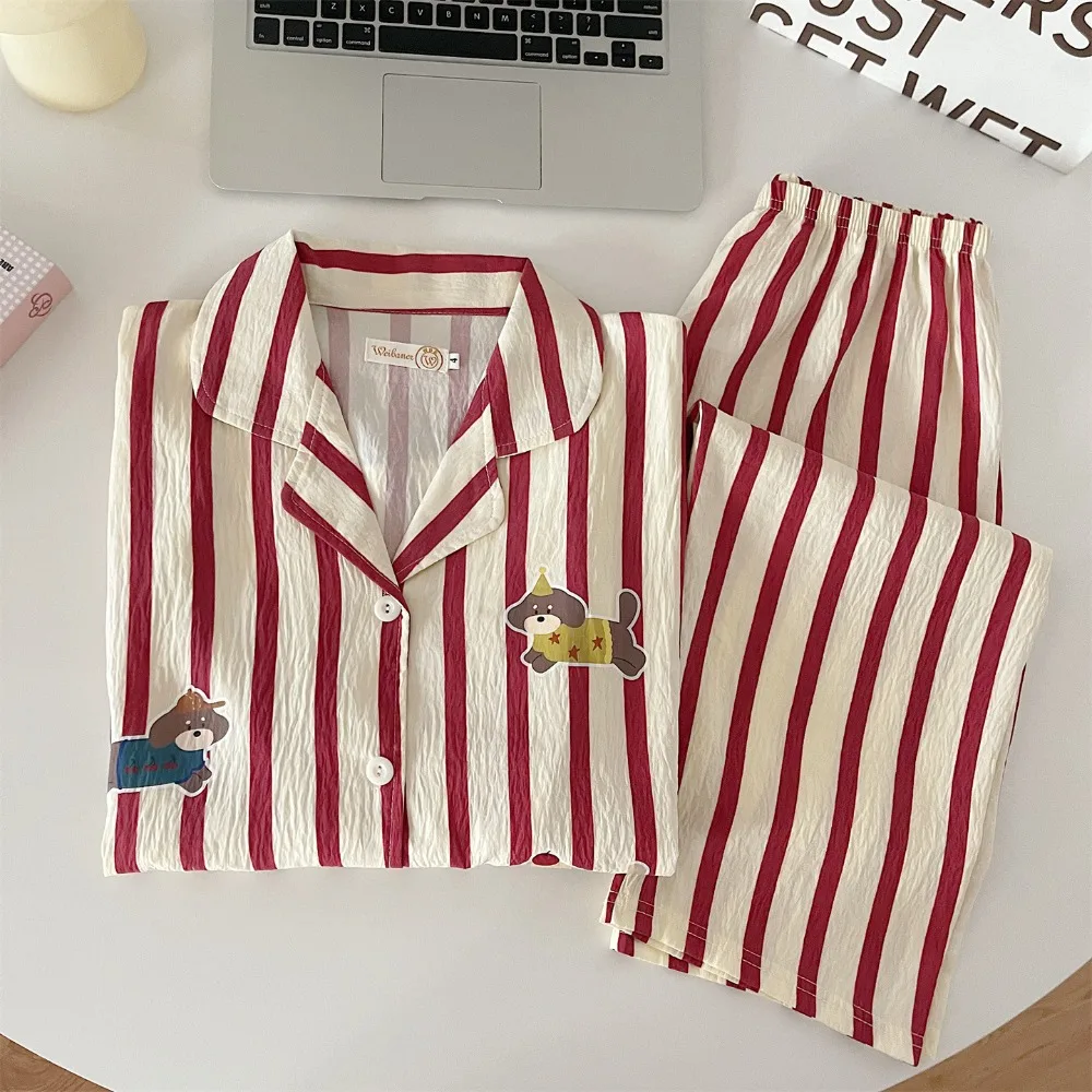 Striped Collar Women's Pajama Set Cloud Cotton Dog Print Lady's Sleepwear Set Korean Style Four Seasons Long Sleeves Loungewear
Striped Collar Women's Pajama Set Cloud Cotton Dog Print Lady's Sleepwear Set Korean Style Four Seasons Long Sleeves Loungewear
