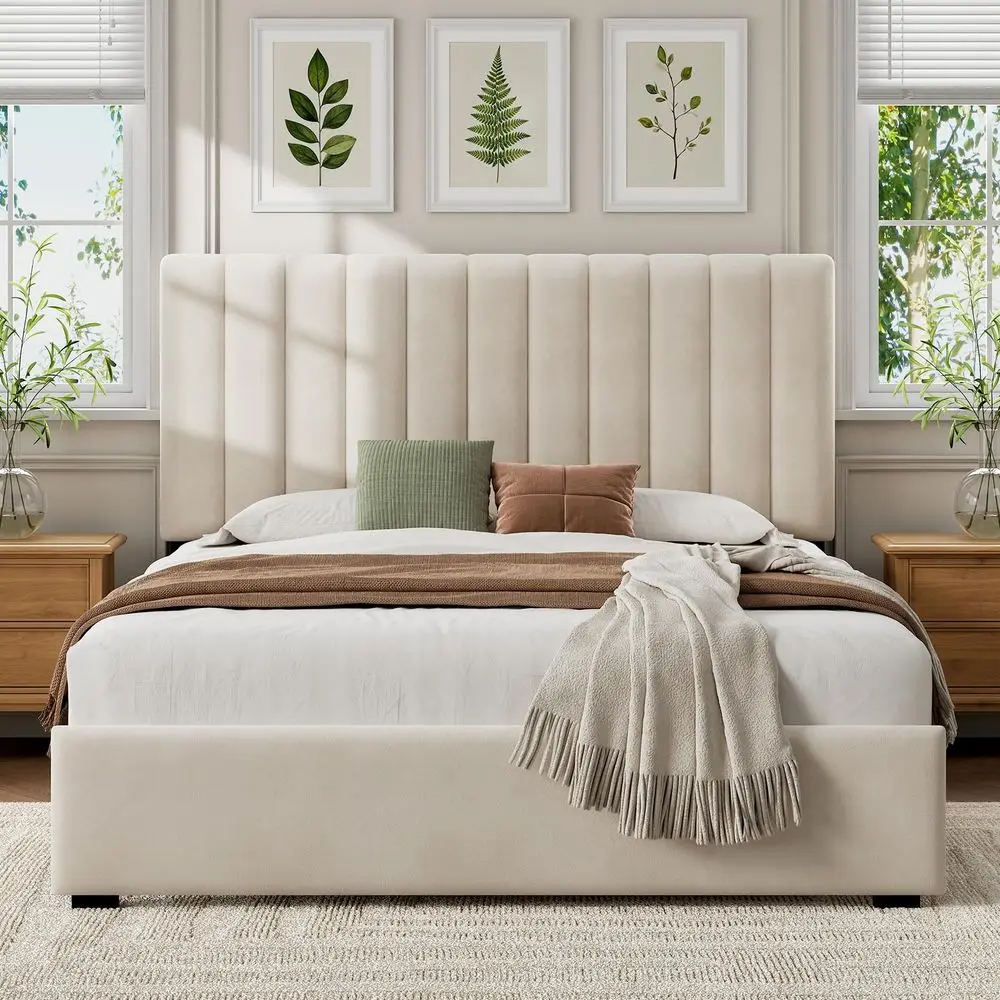 Queen Upholstered Bed Frame with Headboard, Velvet Upholstered Metal Platform Bed with Vertical Channel Tufted Headboard, 3Leve
Queen Upholstered Bed Frame with Headboard, Velvet Upholstered Metal Platform Bed with Vertical Channel Tufted Headboard, 3Leve