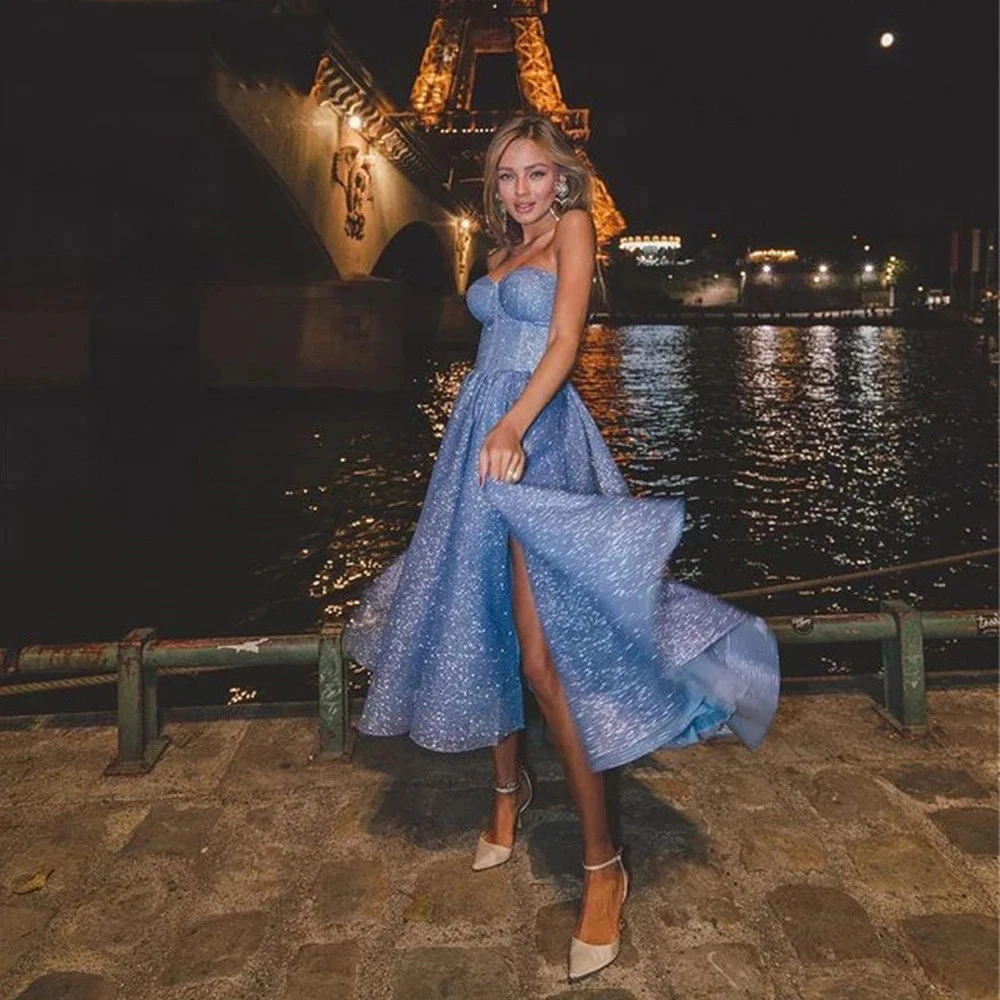 Fancy Glitter Blue A-Line Short Prom Dresses Strapless Sweetheart Princess Dress Night Party Side Slit Tea Length Evening Gowns
Fancy Glitter Blue A-Line Short Prom Dresses Strapless Sweetheart Princess Dress Night Party Side Slit Tea Length Evening Gowns