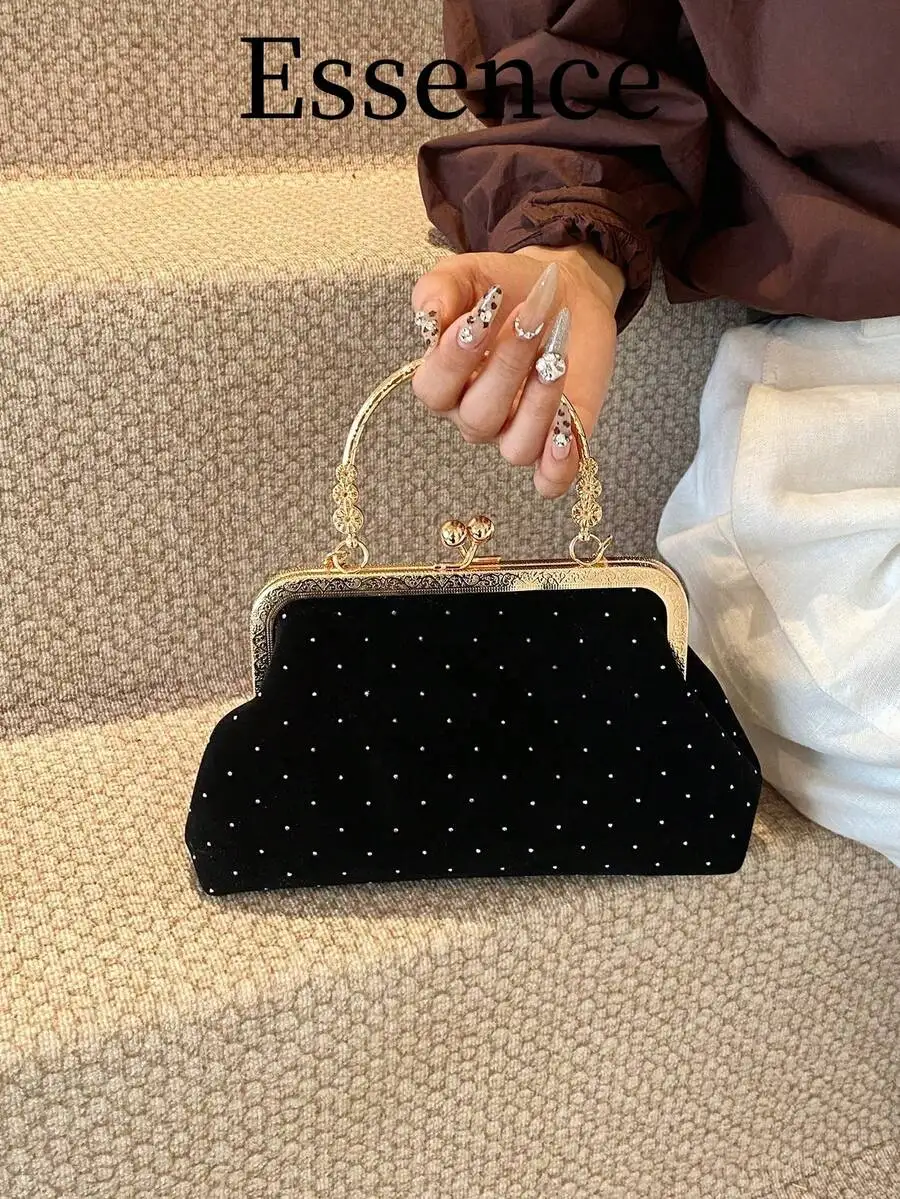 Black Velvet Polka Dot Clutch With Ornate Gold Frame And Handle For Evening Wedding Prom Party Occasion
Black Velvet Polka Dot Clutch With Ornate Gold Frame And Handle For Evening Wedding Prom Party Occasion