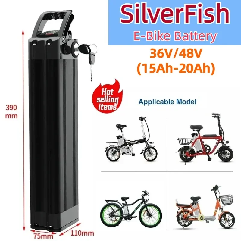 Silver Fish 48V/36V/24V large capacity 15Ah-20Ah electric bicycle battery, using high-quality 18650 li-ion battery, with charger
Silver Fish 48V/36V/24V large capacity 15Ah-20Ah electric bicycle battery, using high-quality 18650 li-ion battery, with charger