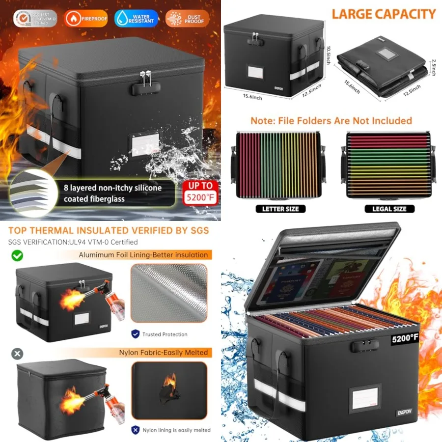 5200°F Fireproof Document Box with Lock, Heat Insulated Collapsible File Storage Organizer with Handle, Portable Home Office Fi
5200°F Fireproof Document Box with Lock, Heat Insulated Collapsible File Storage Organizer with Handle, Portable Home Office Fi