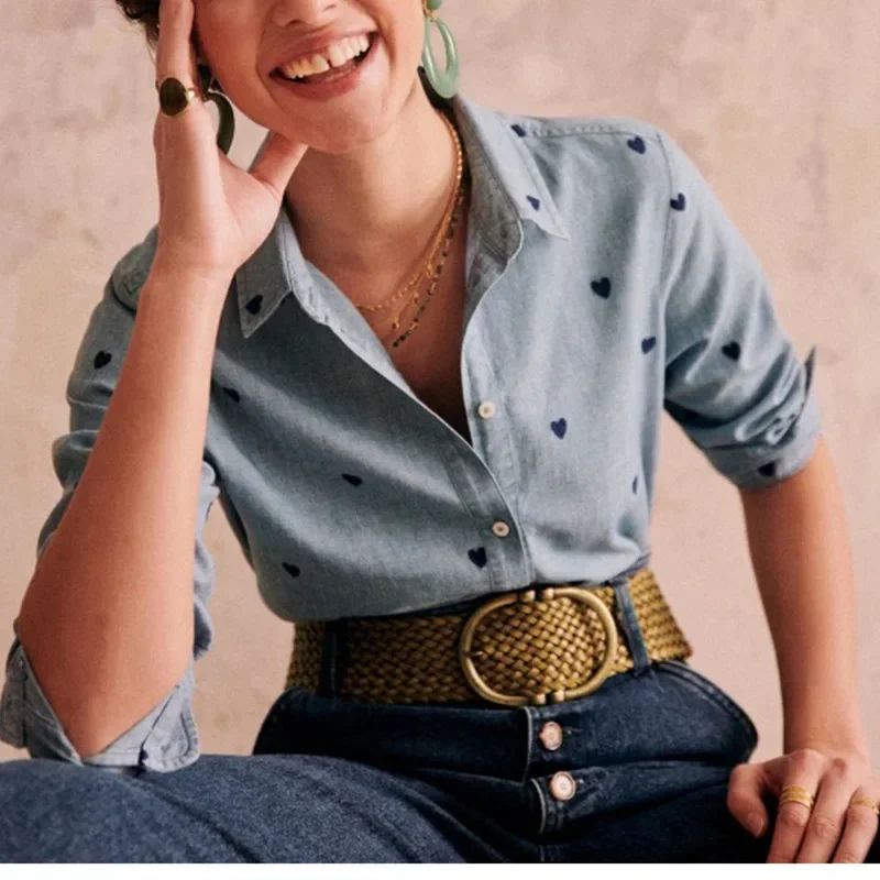 Women's Denim Shirt 2025 Spring - Heart Embroidery, Turn-down Collar, Single Breasted, Fresh Long Sleeve Blouse
Women's Denim Shirt 2025 Spring - Heart Embroidery, Turn-down Collar, Single Breasted, Fresh Long Sleeve Blouse