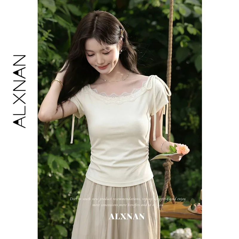 ALXNAN Off-shoulder T-shirt with Lace Trim Bow Tie Detail Side Waist Ruching Tees Summer Casual Elegant Short Sleeve Top L65987A
ALXNAN Off-shoulder T-shirt with Lace Trim Bow Tie Detail Side Waist Ruching Tees Summer Casual Elegant Short Sleeve Top L65987A