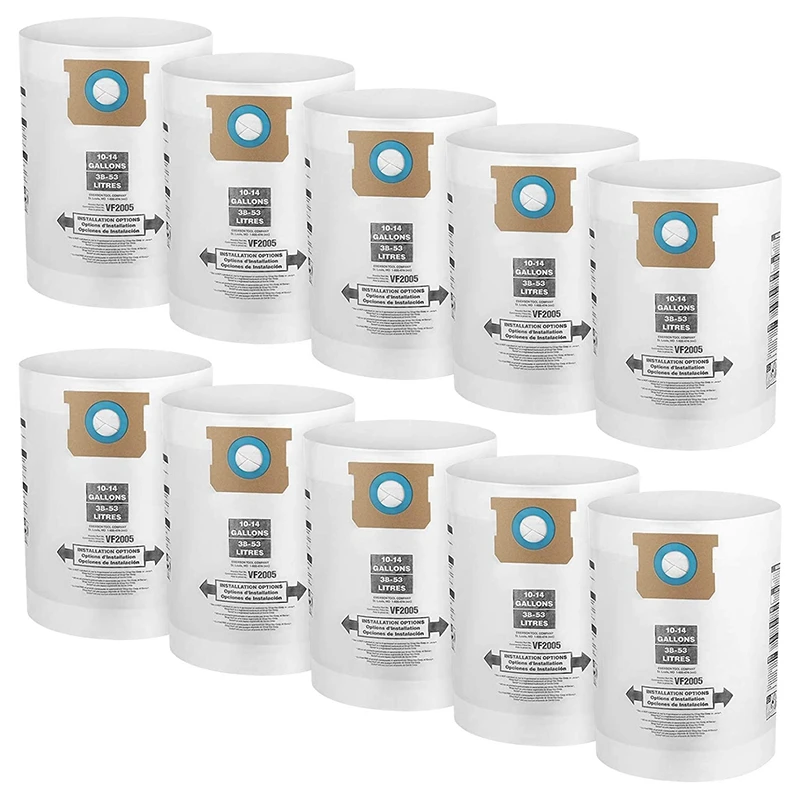 10 Pack VF2005 Collection Filter Bags for Shop-Vac 9066200 10-14 Gallon Type F + Type I, Replace Part 90662 and 90672BAAN
10 Pack VF2005 Collection Filter Bags for Shop-Vac 9066200 10-14 Gallon Type F + Type I, Replace Part 90662 and 90672BAAN