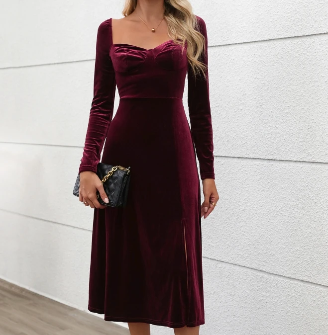 Sexy and elegant dress, women's party velvet long dress, split style dress, 2025 autumn new fashionable women's clothing set
Sexy and elegant dress, women's party velvet long dress, split style dress, 2025 autumn new fashionable women's clothing set