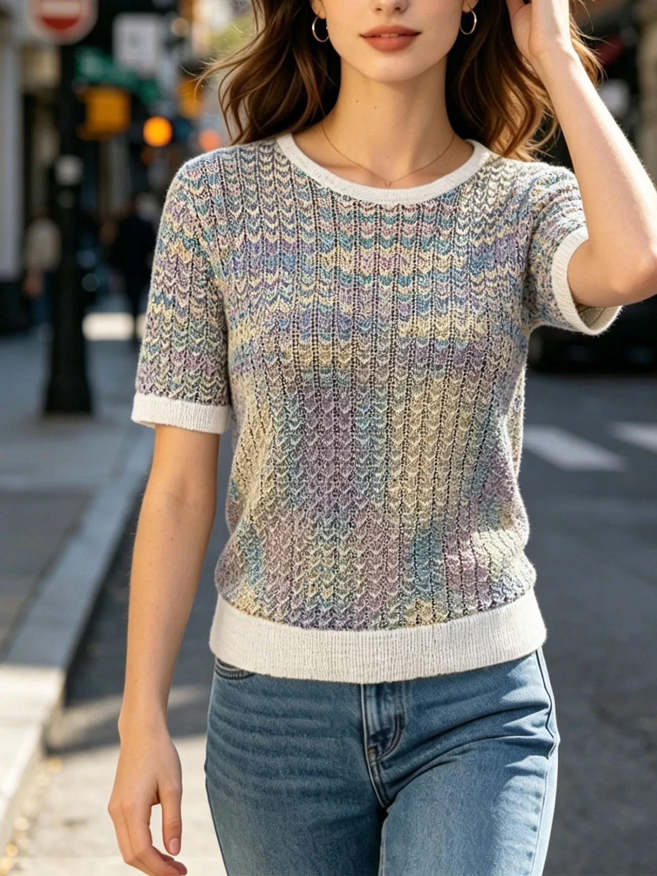 Women's Gradient Color Knitted Short Sleeve Top Summer Elegant Round Neck Hollow Out Casual T-shirt Ladies Fashion Knitwear
Women's Gradient Color Knitted Short Sleeve Top Summer Elegant Round Neck Hollow Out Casual T-shirt Ladies Fashion Knitwear
