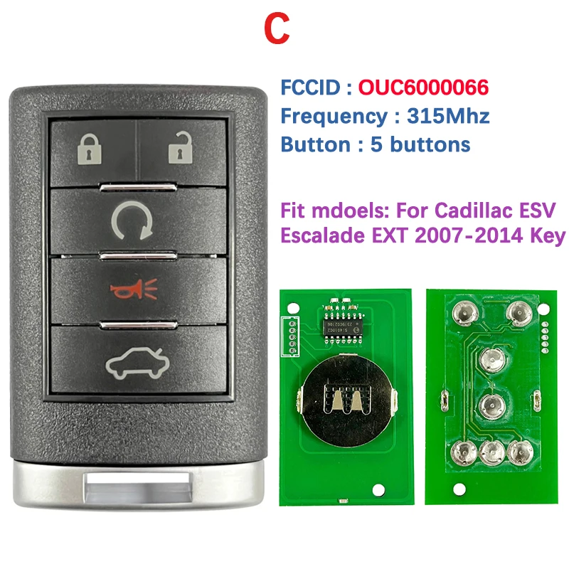 CN 030022 Послепродажный брелок для ключей FCC OUC 6000066 Кнопки 315 МГц 4/5/6 для Cadillac Escalade ESV EXT 2007-2014 гг.
CN 030022 Послепродажный брелок для ключей FCC OUC 6000066 Кнопки 315 МГц 4/5/6 для Cadillac Escalade ESV EXT 2007-2014 гг.