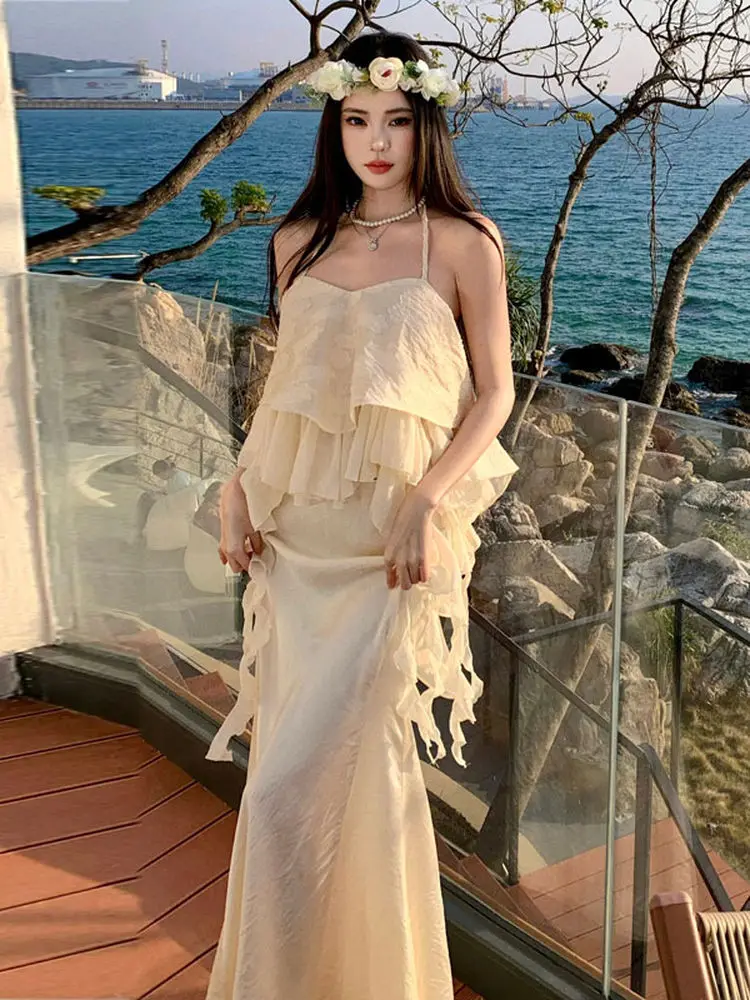 Beach Vacation Style Halter Top Fish Tail Skirt Two Piece Set Summer Complete Outfit Cotton V Neck Sleeveless Women
Beach Vacation Style Halter Top Fish Tail Skirt Two Piece Set Summer Complete Outfit Cotton V Neck Sleeveless Women