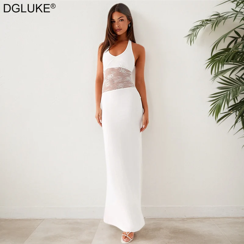 DGLUKE White Halter Maxi Dress Woman Sheer Lace Patchwork Backless Bodycon Dress Deep V-Neck Long Party Prom Dress
DGLUKE White Halter Maxi Dress Woman Sheer Lace Patchwork Backless Bodycon Dress Deep V-Neck Long Party Prom Dress