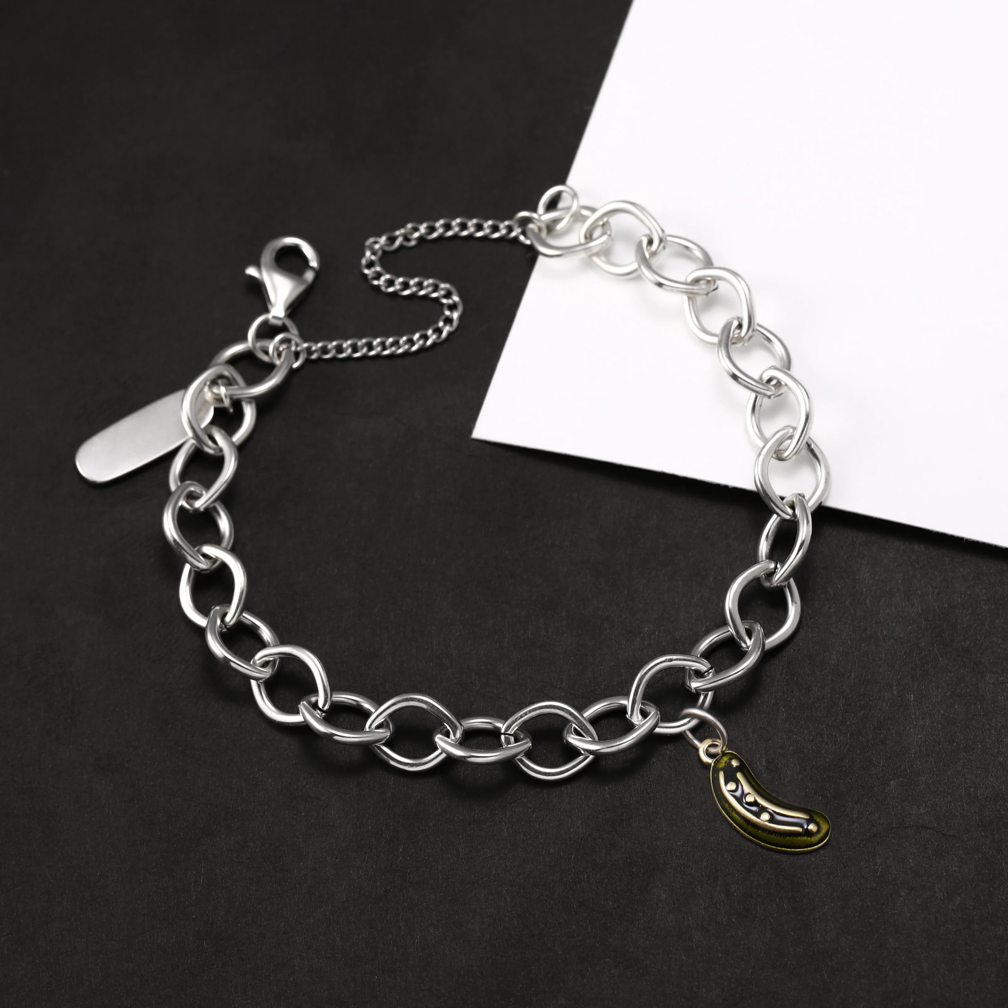 Genuine 925 sterling silver Forged Link Charm Bracelet paired with an Enamel cucumber pendant
Genuine 925 sterling silver Forged Link Charm Bracelet paired with an Enamel cucumber pendant