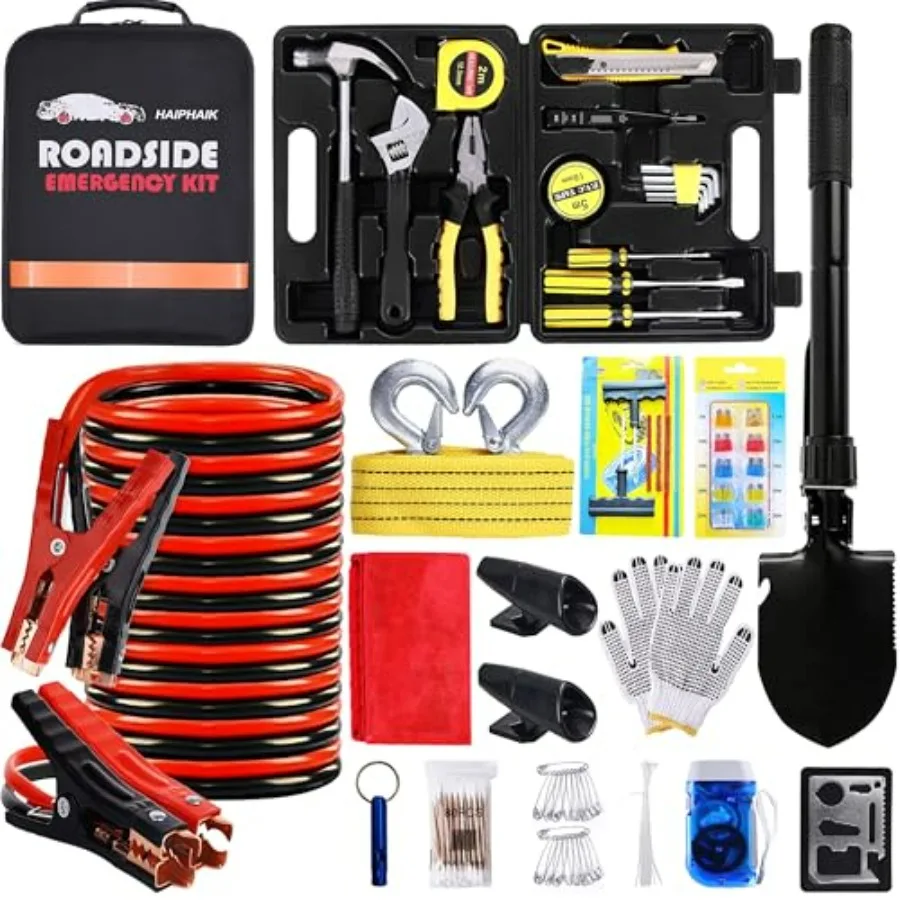 Car Emergency Roadside Kit with Jumper Cables Safety Kit for Cars Folding Shovel Tow Rope and Car Tool Kit in Black for Roadsid
Car Emergency Roadside Kit with Jumper Cables Safety Kit for Cars Folding Shovel Tow Rope and Car Tool Kit in Black for Roadsid