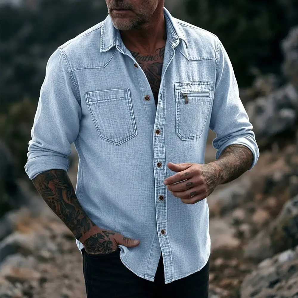 Men's Vintage Washed Denim Shirt Long Sleeve Button Down Casual Workwear Shirt with Zipper Pocket Man Cotton Fashion Jean Tops
Men's Vintage Washed Denim Shirt Long Sleeve Button Down Casual Workwear Shirt with Zipper Pocket Man Cotton Fashion Jean Tops