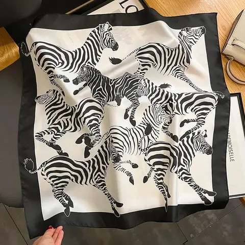 Black White Zebras Scarf Women 100% Natural Silk Bandana Foulard Femme Luxury Printed Animal Neck Scarves Square Bufandas Mujer