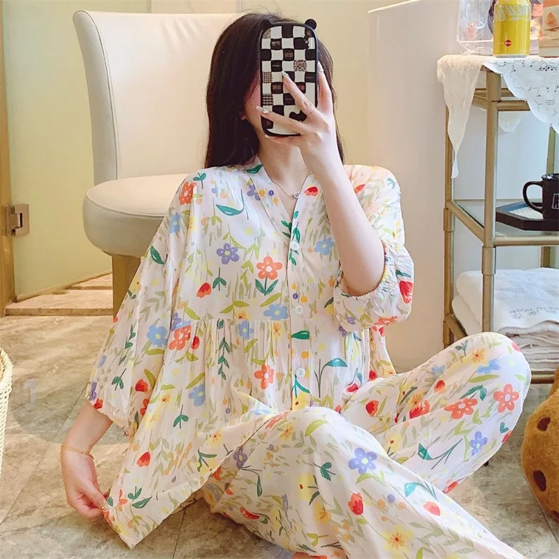 Cotton Silk Spring Autumn Summer Pajamas Women Thin Long-sleeved Home Clothes Cartoon Artificial Cotton Loose Plus Size Outside
Cotton Silk Spring Autumn Summer Pajamas Women Thin Long-sleeved Home Clothes Cartoon Artificial Cotton Loose Plus Size Outside