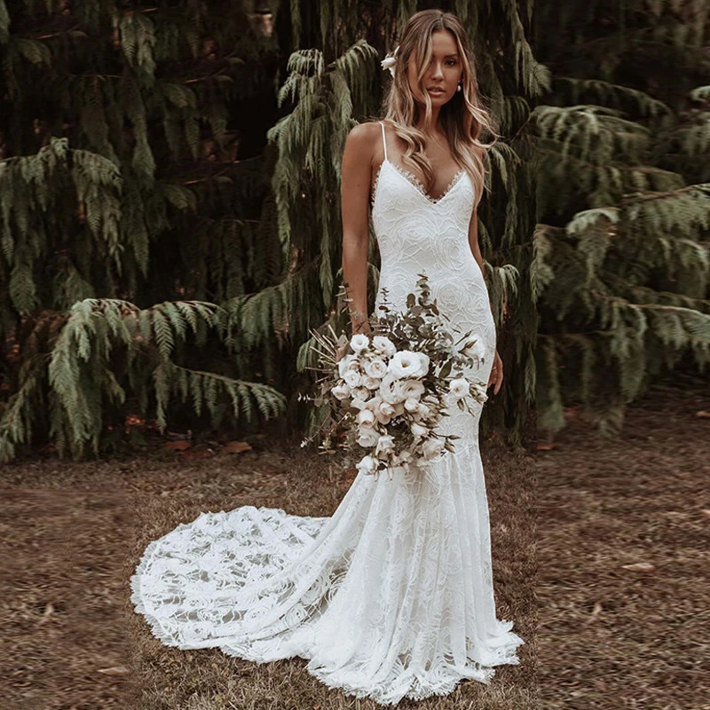 Boho Mermaid Wedding Dress Lace Spaghetti Straps Backless Beach Bride Dresses Sexy Bohemian Bridal Gowns Vestido De Noiva
Boho Mermaid Wedding Dress Lace Spaghetti Straps Backless Beach Bride Dresses Sexy Bohemian Bridal Gowns Vestido De Noiva