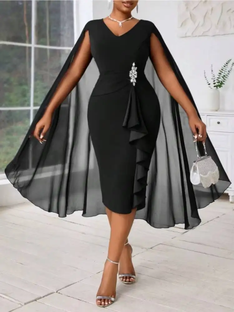 Plus Size Midi Dress Spring Summer Women Black V Neck Chiffon Cape Ruffle Rhinestone Elegant Sexy Party Evening Dress
Plus Size Midi Dress Spring Summer Women Black V Neck Chiffon Cape Ruffle Rhinestone Elegant Sexy Party Evening Dress