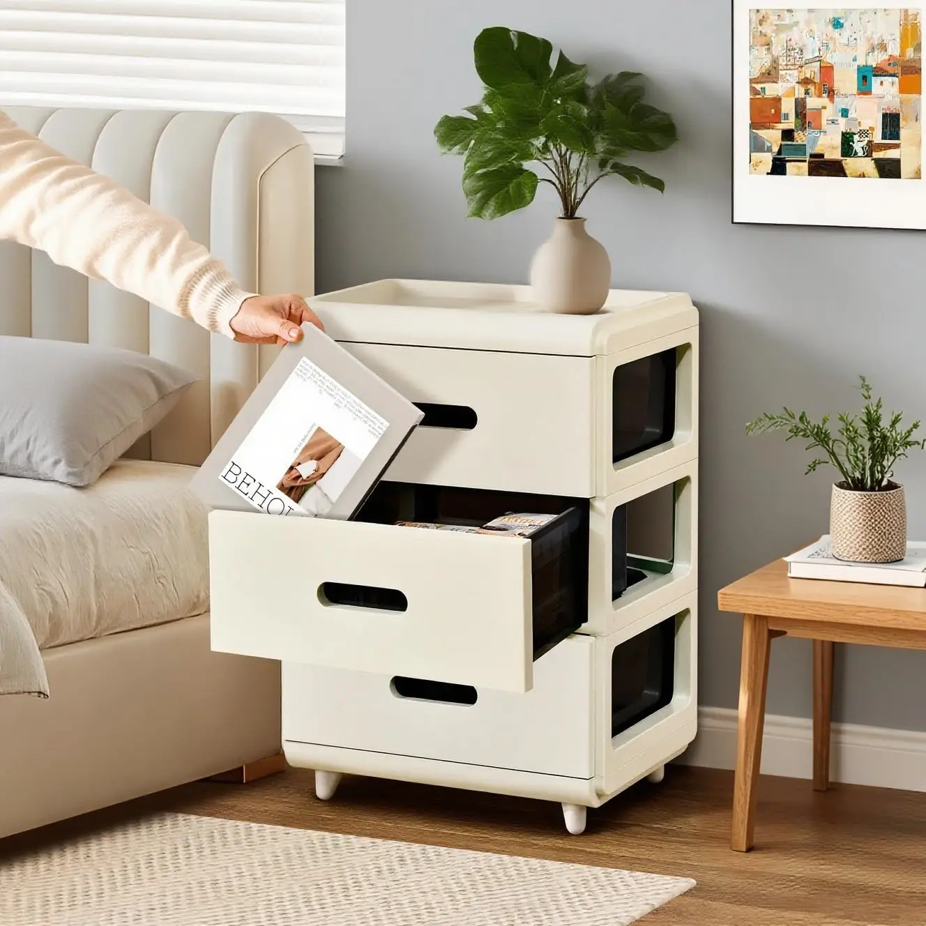 Nightstand with 3 Drawers Plastic Dresser for Closet Drawer Organizer Storage Clothes Beside Table
Nightstand with 3 Drawers Plastic Dresser for Closet Drawer Organizer Storage Clothes Beside Table