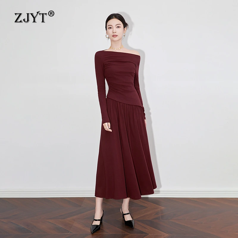 ZJYT Spring Elegant Lady Slash Neck Irregular Top and Long Skirt Two Piece Set Womens Outfit Red Black Party Suits Long Sleeve
ZJYT Spring Elegant Lady Slash Neck Irregular Top and Long Skirt Two Piece Set Womens Outfit Red Black Party Suits Long Sleeve