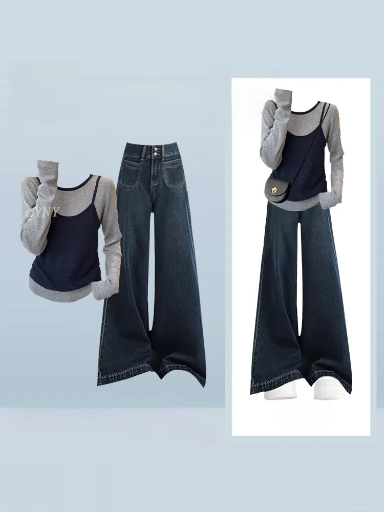 Korean Style Casual Winter Fashion Loose Wide Leg Jeans Two Piece Set Women's Knitted Sweater And Jeans Ensemble Sweet Style
Korean Style Casual Winter Fashion Loose Wide Leg Jeans Two Piece Set Women's Knitted Sweater And Jeans Ensemble Sweet Style