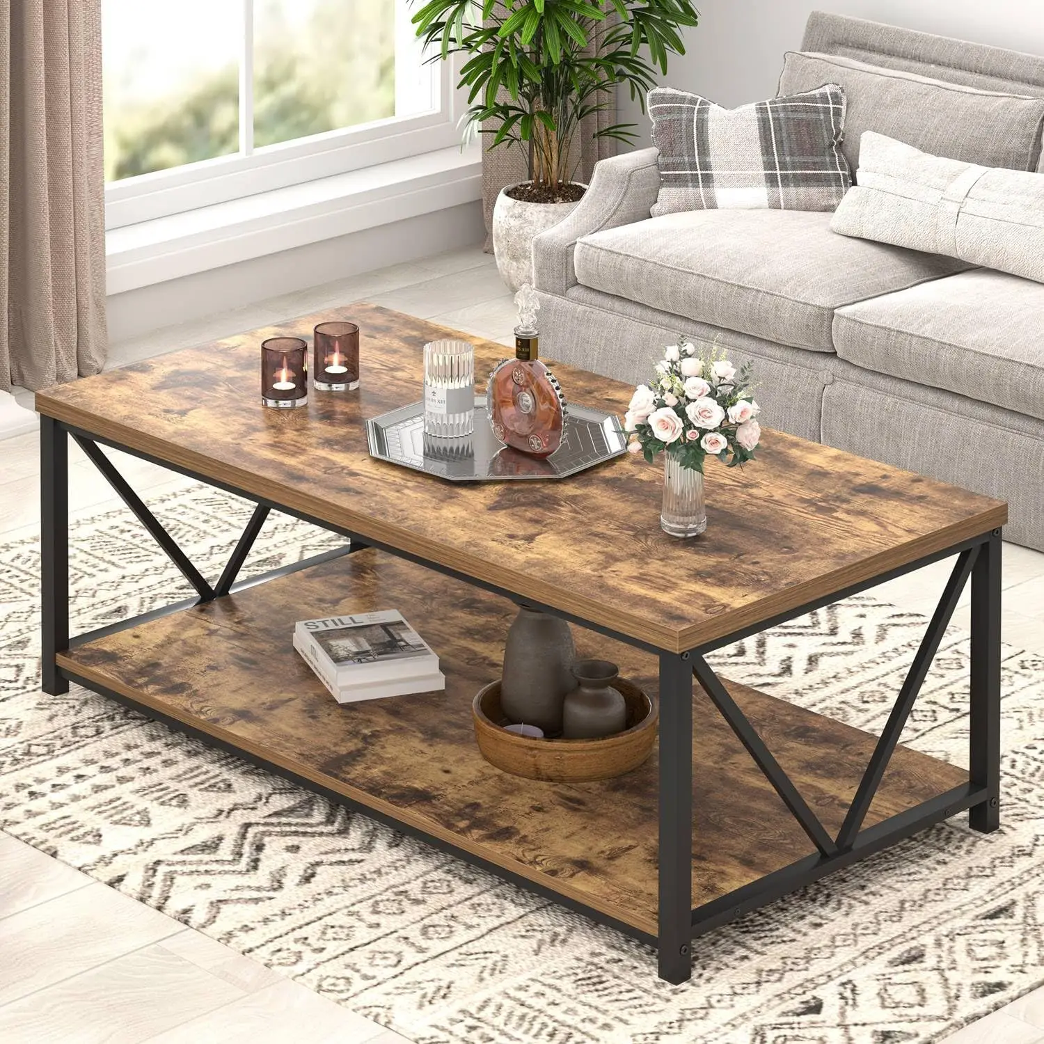 Modern Coffee Table, Rustic Wood and Metal Living Room Table with Storage Shelf, Industrial Rectangle
Modern Coffee Table, Rustic Wood and Metal Living Room Table with Storage Shelf, Industrial Rectangle