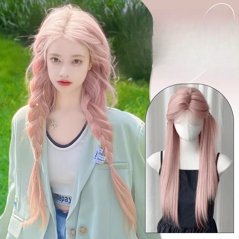 Synthetic wig with lace front, long straight hair for women, tangerine pink color, hand-knitted baby hair bangs
Synthetic wig with lace front, long straight hair for women, tangerine pink color, hand-knitted baby hair bangs