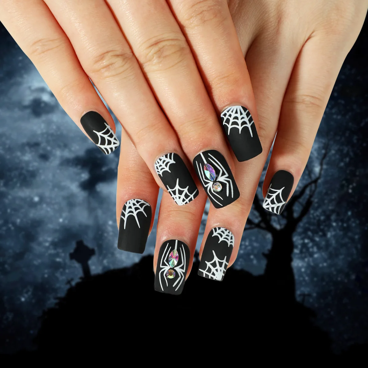 24PCS Halloween Noir Matte Press-On Nails - Frosted Spider Web & Diamond Spider Accents Medium European Square
24PCS Halloween Noir Matte Press-On Nails - Frosted Spider Web & Diamond Spider Accents Medium European Square