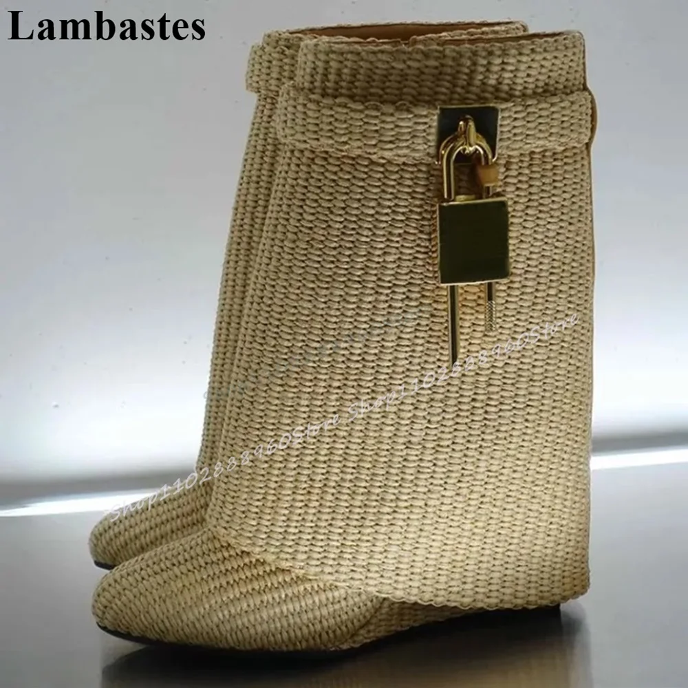 Mid Calf Apricot Woven Metal Lock Shark Boots Wedges High Heel Shoes For Women Side Zipper Pointed Toe Fashion Design Boots
Mid Calf Apricot Woven Metal Lock Shark Boots Wedges High Heel Shoes For Women Side Zipper Pointed Toe Fashion Design Boots