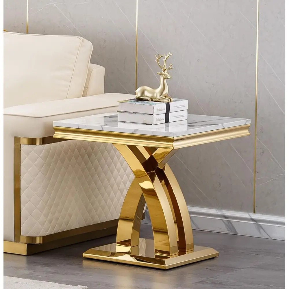 Белый мраморный приставной столик с основанием из золотистой нержавеющей стали для современной гостиной
Белый мраморный приставной столик с основанием из золотистой нержавеющей стали для современной гостиной