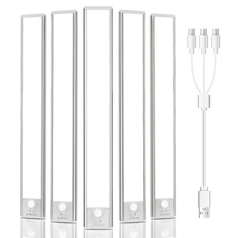 PZSUNLY 5 unidades de luzes LED inteligentes com sensor de movimento recarregável por USB, alumínio durável, para cozinha, guarda-roupa, escadas, luz noturna de corredor