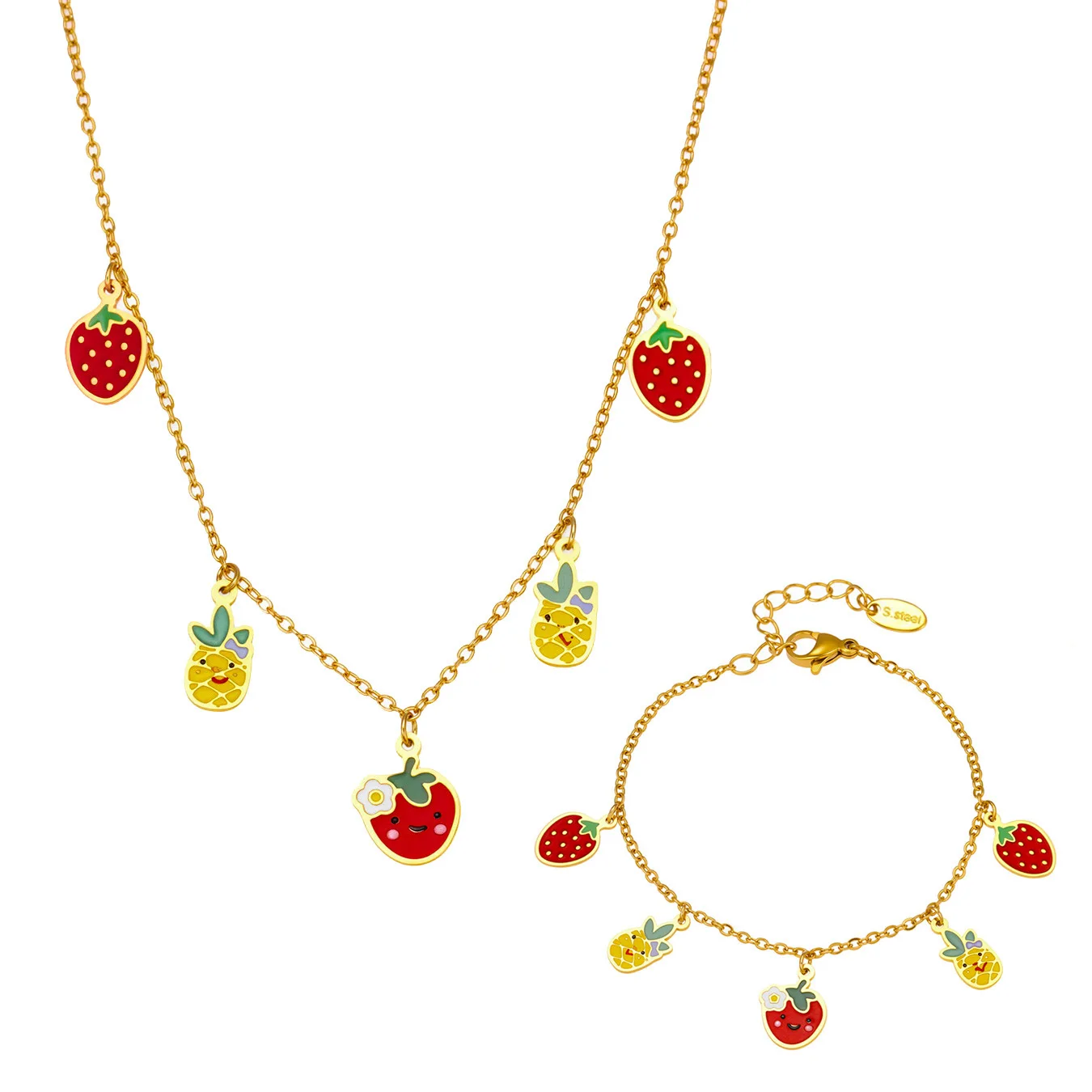 Kids Girls Jewelry Set Gold Stainless Steel Strawberry Pineapple Necklace Bracelet anklet Sweet Daily Play Party Wear Cute Gift
Kids Girls Jewelry Set Gold Stainless Steel Strawberry Pineapple Necklace Bracelet anklet Sweet Daily Play Party Wear Cute Gift