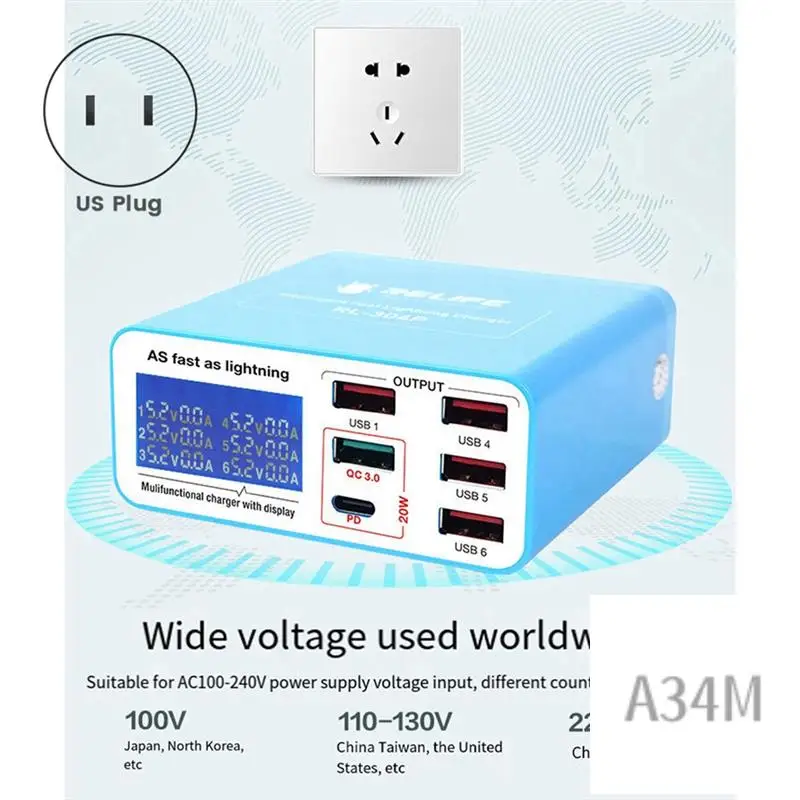 A34M-RELIFE RL-304P Smart 6-Port USB Digital Display Lightning-Pattern Charger PD3.0+QC3.0 For All Mobile Phones US Plug
A34M-RELIFE RL-304P Smart 6-Port USB Digital Display Lightning-Pattern Charger PD3.0+QC3.0 For All Mobile Phones US Plug