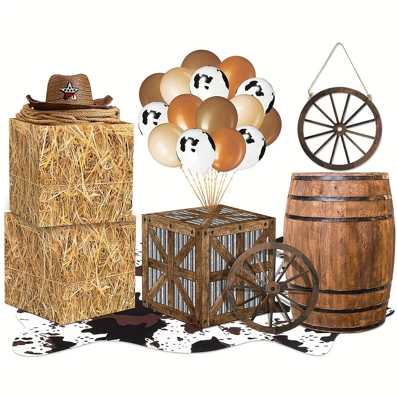 Decorations for a Western Cowboy-Themed Party Including Hay Bales, Boxes, a Cowhide Rug, Wine Barrels, Wooden Wagon Wheels, And Cowboy Balloons, Perfect for a Birthday Celebration Or a Wild West Event
Decorations for a Western Cowboy-Themed Party Including Hay Bales, Boxes, a Cowhide Rug, Wine Barrels, Wooden Wagon Wheels, And Cowboy Balloons, Perfect for a Birthday Celebration Or a Wild West Event
