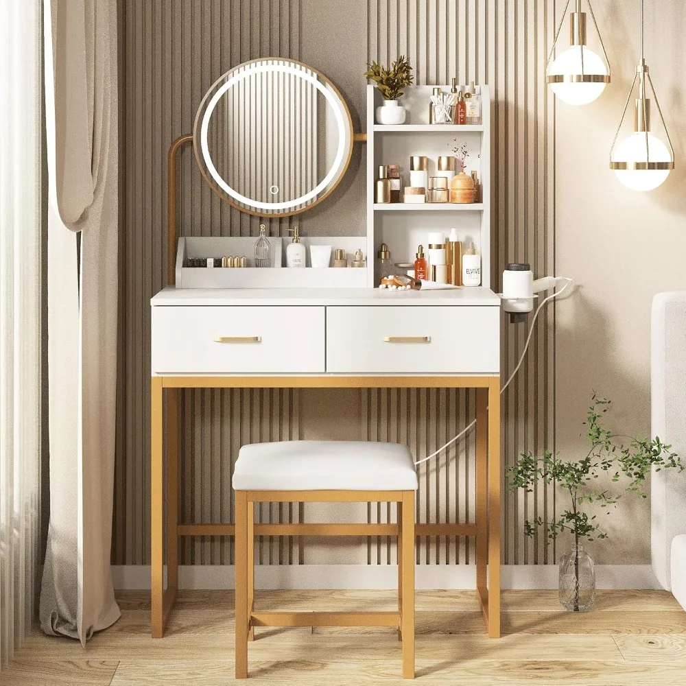 Makeup Vanity Desk with Round Mirror and Lights, Vanity Makeup Table, Small Vanity Table for Bedroom with Lots Storage
Makeup Vanity Desk with Round Mirror and Lights, Vanity Makeup Table, Small Vanity Table for Bedroom with Lots Storage