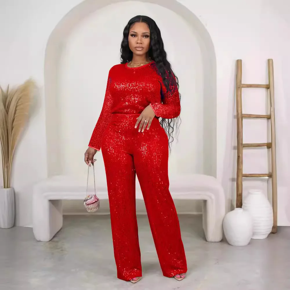 Autumn and Winter New Solid Color Sequins Casual Two-piece Set,Ladies Round Neck Long Sleeve T-shirt + High Waist Wide Leg Pants
Autumn and Winter New Solid Color Sequins Casual Two-piece Set,Ladies Round Neck Long Sleeve T-shirt + High Waist Wide Leg Pants