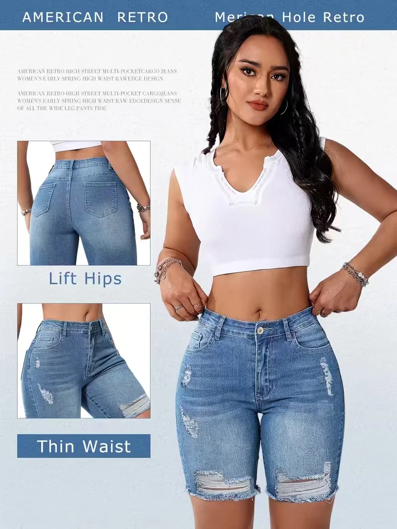 Denim Shorts Distressed Summer Trendy Straight Leg Elastic Waist Mid Length Slimming Versatile Womens Jeans Shorts Bestseller
Denim Shorts Distressed Summer Trendy Straight Leg Elastic Waist Mid Length Slimming Versatile Womens Jeans Shorts Bestseller