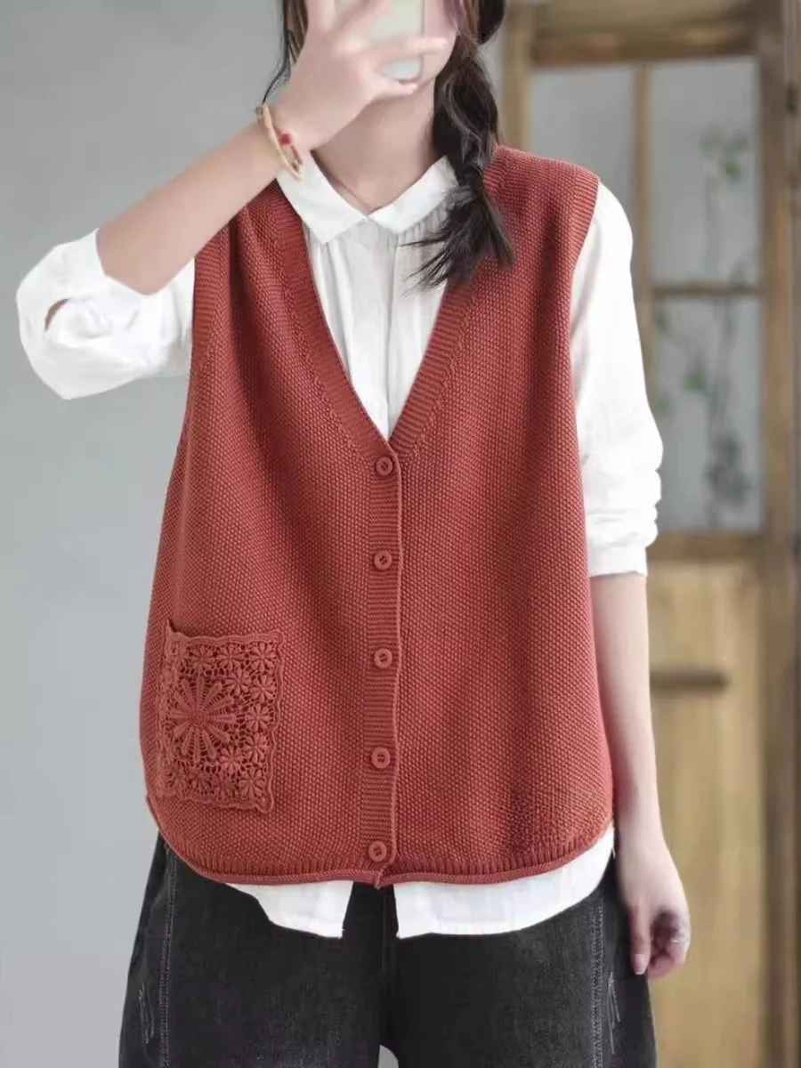 Loose V-Neck Knitted Lace Pocket Women's Vest Comfortable Sleeveless Top Fashionable Korean Style Casual Style Autumn Wear
Loose V-Neck Knitted Lace Pocket Women's Vest Comfortable Sleeveless Top Fashionable Korean Style Casual Style Autumn Wear