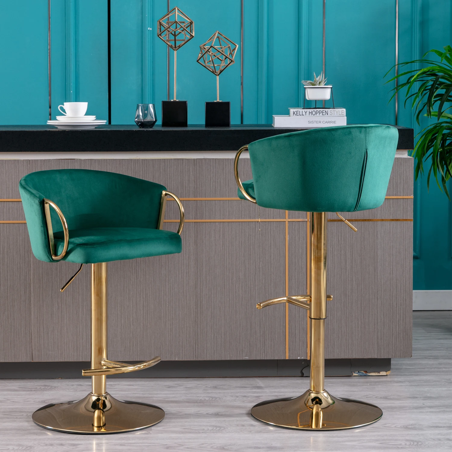 Bar Stools Set with Chrome Footrest Swivel Height Adjustable Velvet Golden Leg Green
Bar Stools Set with Chrome Footrest Swivel Height Adjustable Velvet Golden Leg Green
