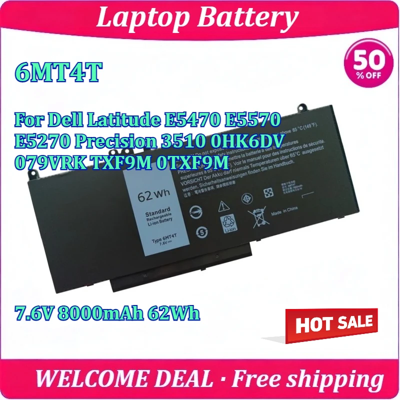 New 6MT4T Laptop Battery For Dell Latitude E5470 E5570 E5270 Precision 3510 0HK6DV 079VRK TXF9M 0TXF9M 7.6V 8000mAh 62Wh Battery
New 6MT4T Laptop Battery For Dell Latitude E5470 E5570 E5270 Precision 3510 0HK6DV 079VRK TXF9M 0TXF9M 7.6V 8000mAh 62Wh Battery