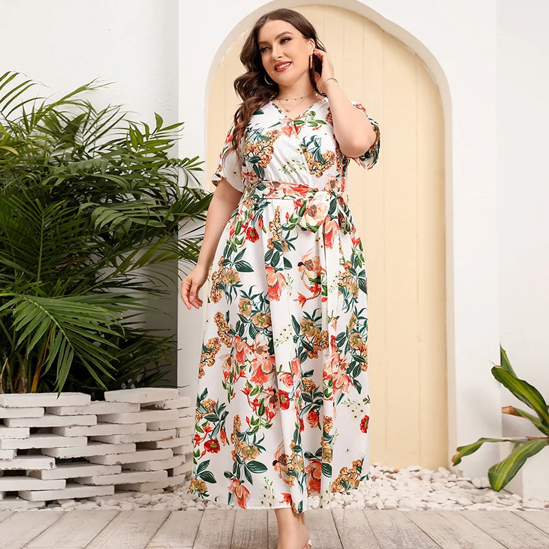 Women's Plus Size White Floral Print V Neck Short Sleeve Self Tie Waist Bohemian Style Long Length Summer Casual Midi Dress
Women's Plus Size White Floral Print V Neck Short Sleeve Self Tie Waist Bohemian Style Long Length Summer Casual Midi Dress