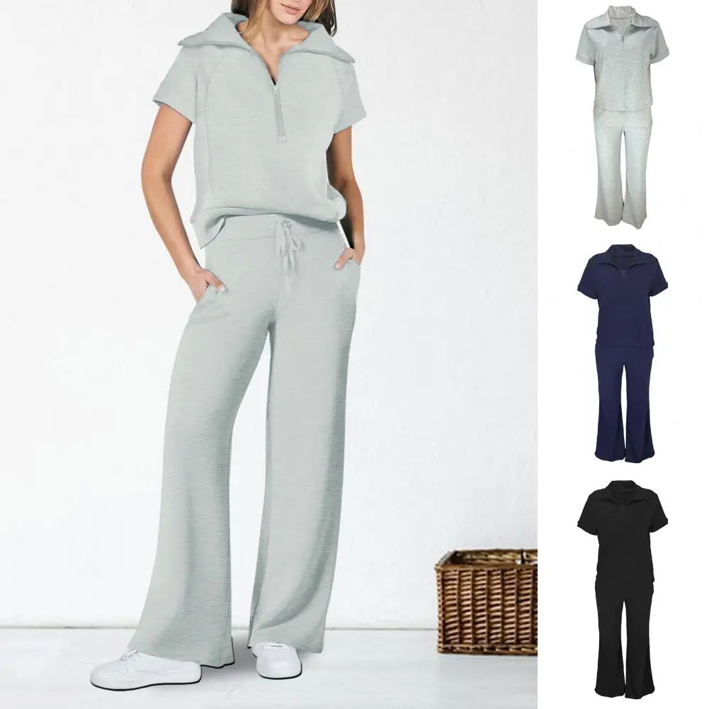 Women Top Pants Set Stylish Women's Top Pants Set with Turn-down Collar Half Zipper Solid Color Short Sleeves T-shirt for Wear
Women Top Pants Set Stylish Women's Top Pants Set with Turn-down Collar Half Zipper Solid Color Short Sleeves T-shirt for Wear
