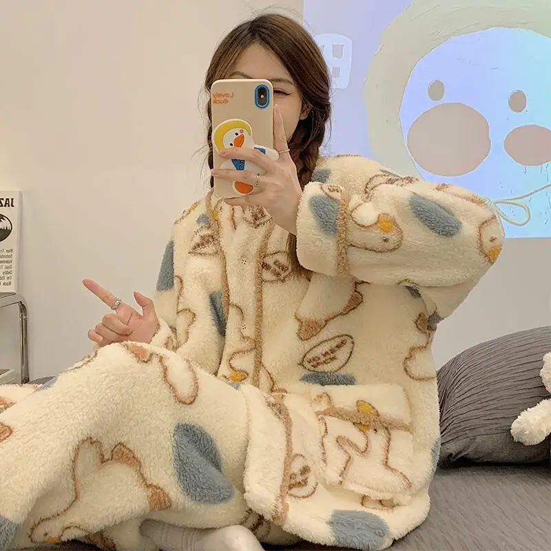 Woman Cartoon Pajama Set Winter Thicken Keep Warm Nightwear Soft Sticky Coral Fleece Sleepwear Flannel Student Kawaii Homewear
Woman Cartoon Pajama Set Winter Thicken Keep Warm Nightwear Soft Sticky Coral Fleece Sleepwear Flannel Student Kawaii Homewear