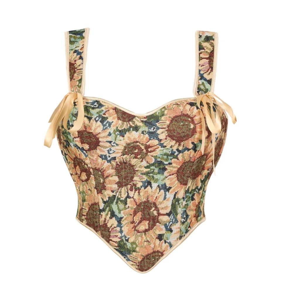 Sexy Women Gothic Streetwear Retro Sunflower Pattern Jacquard Shoulder Strap Ack Tie On Slim Fit Outerwear Belted Corset
Sexy Women Gothic Streetwear Retro Sunflower Pattern Jacquard Shoulder Strap Ack Tie On Slim Fit Outerwear Belted Corset