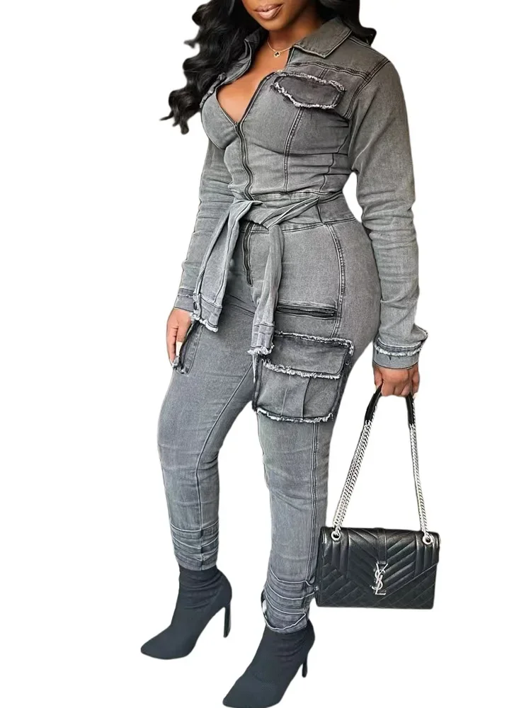 Autumn New Half Zipper Lace-up Denim Jumpsuit Women's Fashion Long Sleeve Elastic Slim Raw Trim Pocket Cargo Pants
Autumn New Half Zipper Lace-up Denim Jumpsuit Women's Fashion Long Sleeve Elastic Slim Raw Trim Pocket Cargo Pants