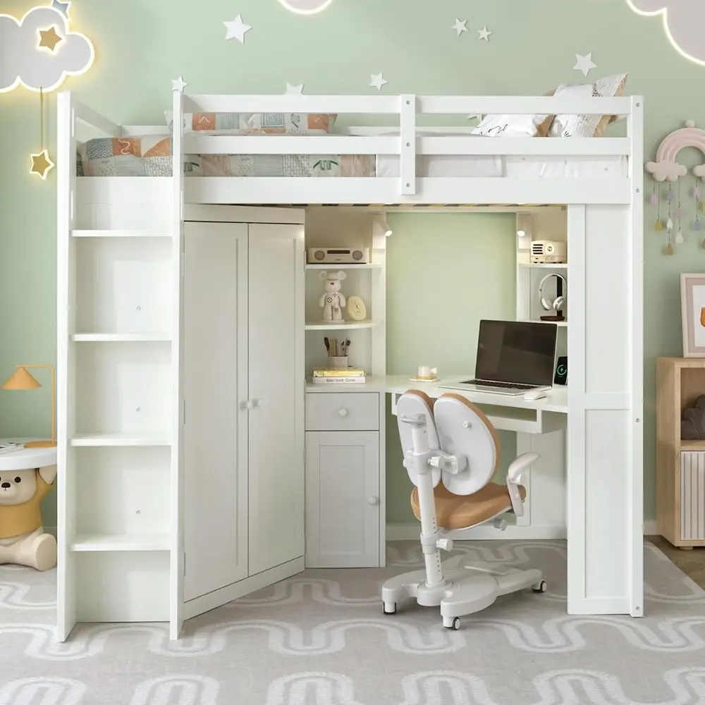 Twin Loft Bed with Wardrobe, Desk, Keyboard Tray, Charging Station, LED Lights for Kids and Teens in Beige White
Twin Loft Bed with Wardrobe, Desk, Keyboard Tray, Charging Station, LED Lights for Kids and Teens in Beige White